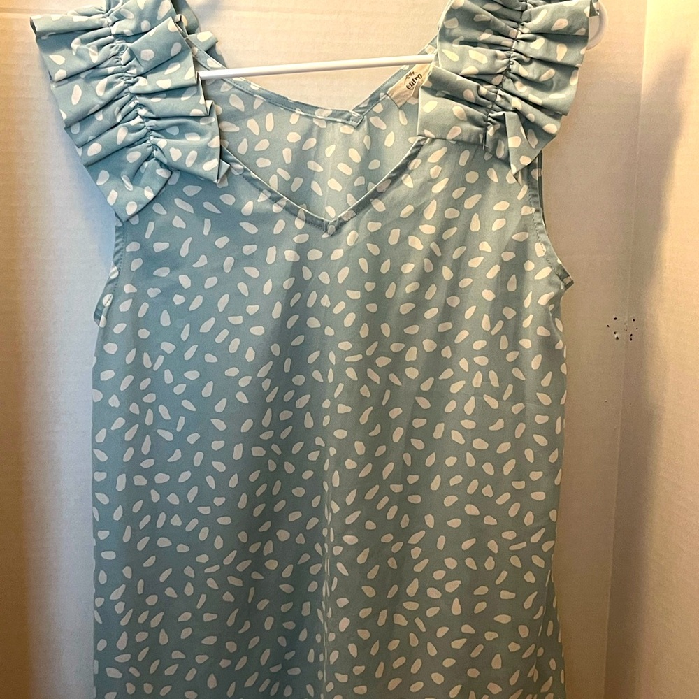 ENTRO WOMENS MINT GREEN IVORY DOT RUFFLE SHOULDER SLEEVELESS TOP BLOUSE 💚